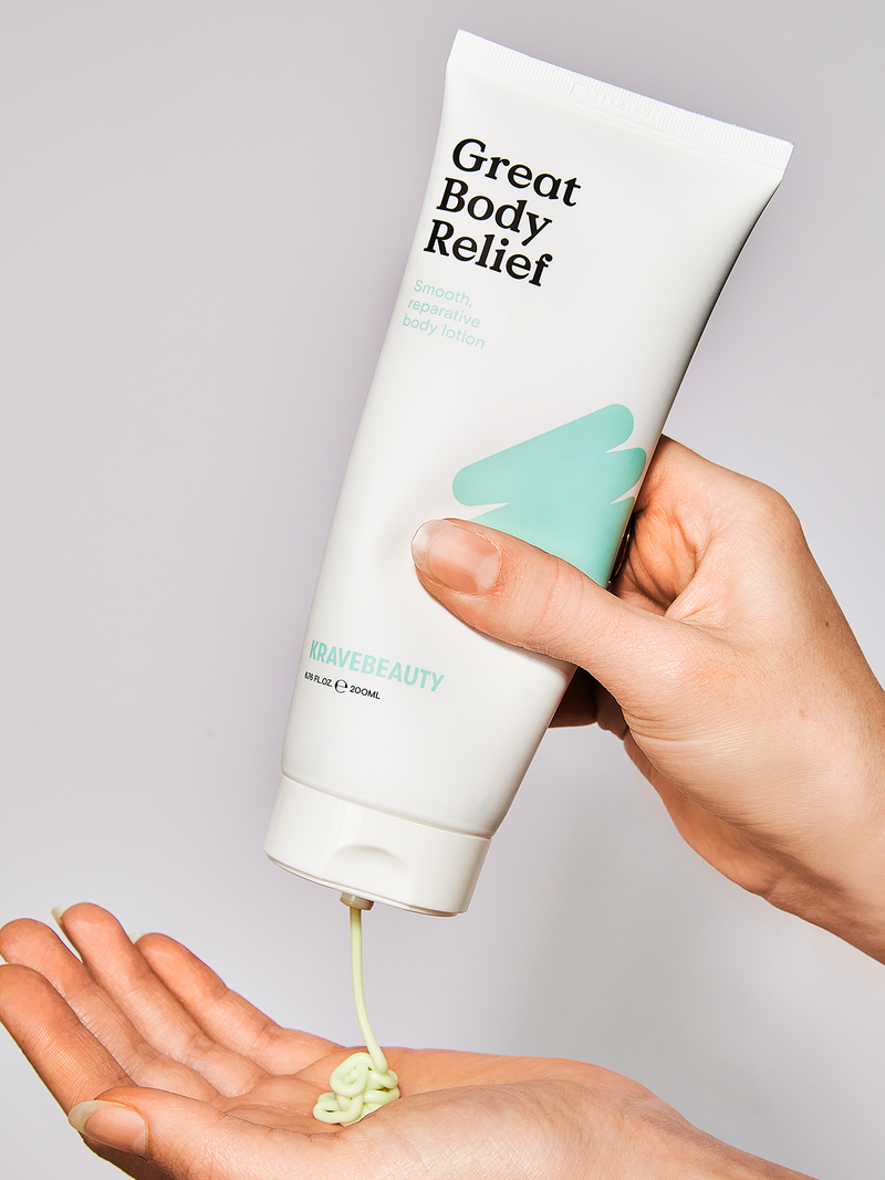 Great Body Relief lotion being dispensed onto palm